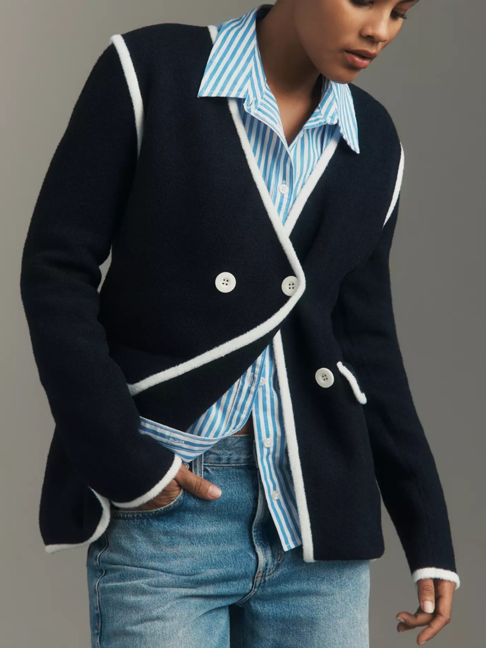 NVLT Anthropologie Knit Black White Piped Double-Breasted Blazer